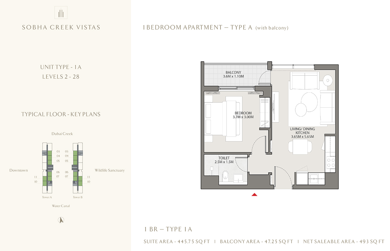 Floor plan - 1 Bedroom, Type1A, 493 sqft -  Sobha Creek Vistas Apartments - At Sobha Hartland  - etamea.com