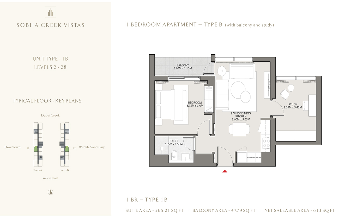 Floor plan - 1 Bedroom, Type1B, 613 sqft -  Sobha Creek Vistas Apartments - At Sobha Hartland  - etamea.com