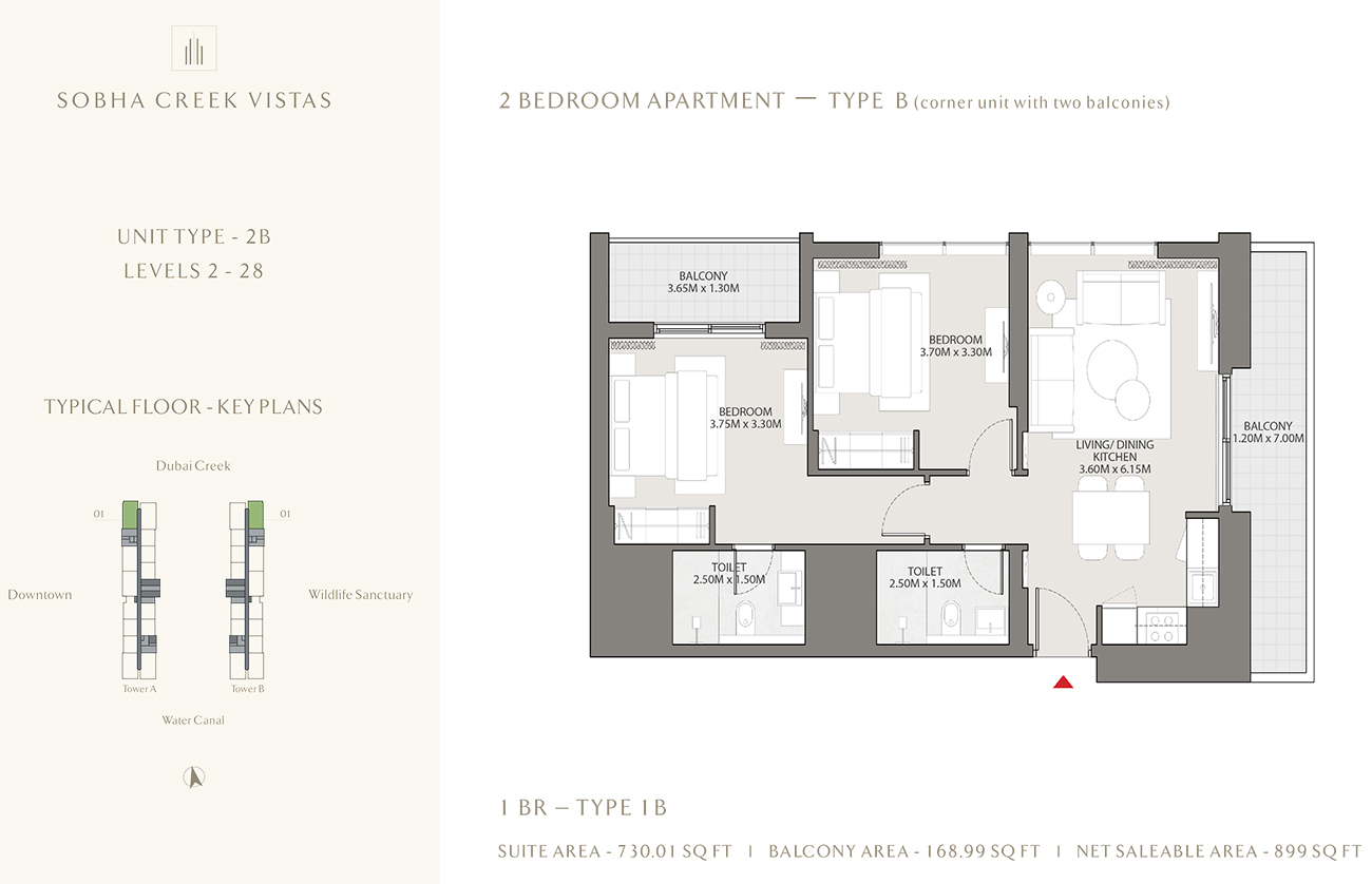 Floor plan - 1 Bedroom, Type1B, 899 sqft -  Sobha Creek Vistas Apartments - At Sobha Hartland  - etamea.com
