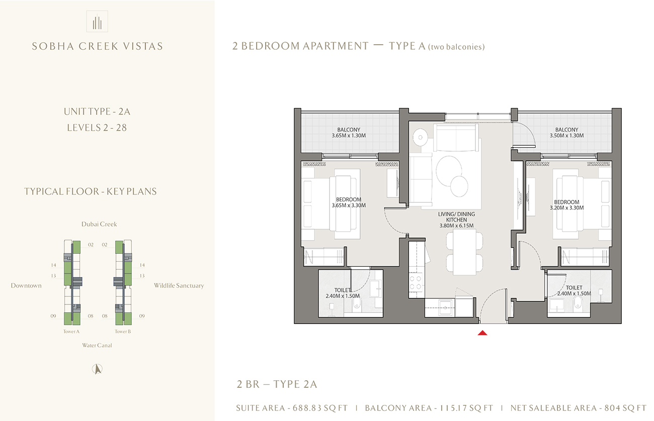 Floor plan - 2 Bedroom, Type2A, 804 sqft -  Sobha Creek Vistas Apartments - At Sobha Hartland  - etamea.com
